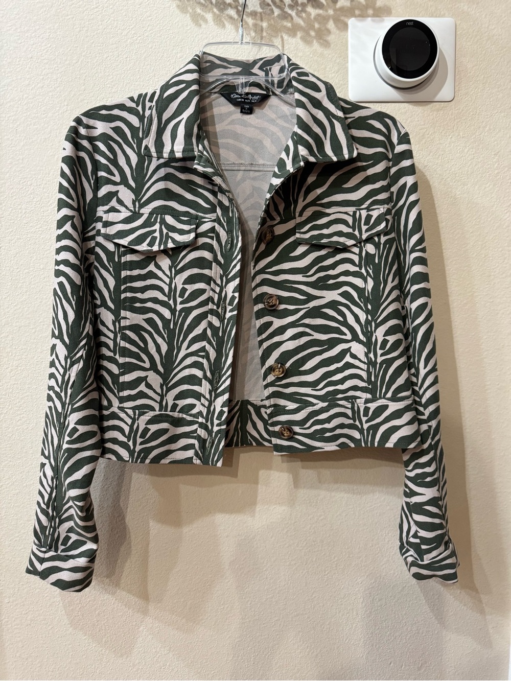 Miss Selfridge Olive Zebra Print Lightweight Cropped Denim Jacket Size 6